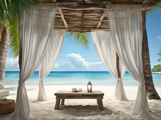  A beautiful beach landscape with a table and chairs arranged on the sand, surrounded by the calming ocean waves.