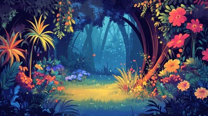 A Bright Clearing in a Lush, Colorful Forest