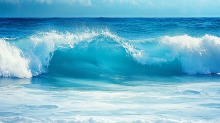 Ocean wave crashing with blue sky, dynamic