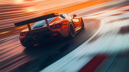 Orange Sports Car Blurred in Motion on Race Track at Sunset