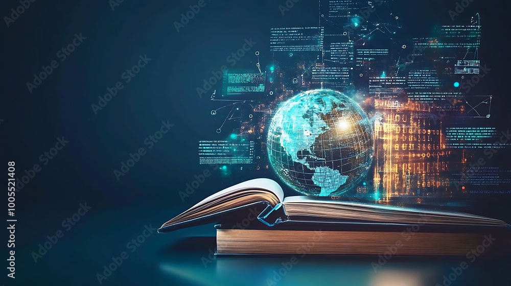 Poster a glowing earth globe hovers above an open book, surrounded by data and code.
