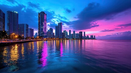 Obraz premium A vibrant cityscape reflected in calm waters at sunset, capturing the skyline with a soft glow