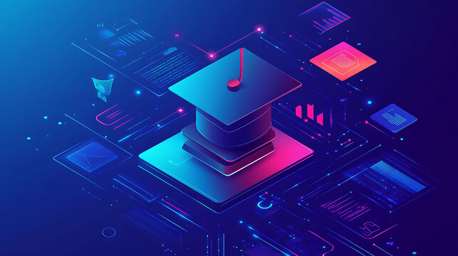 A graduation cap with a musical note on top, surrounded by digital elements, representing online education, music education, or learning technology.