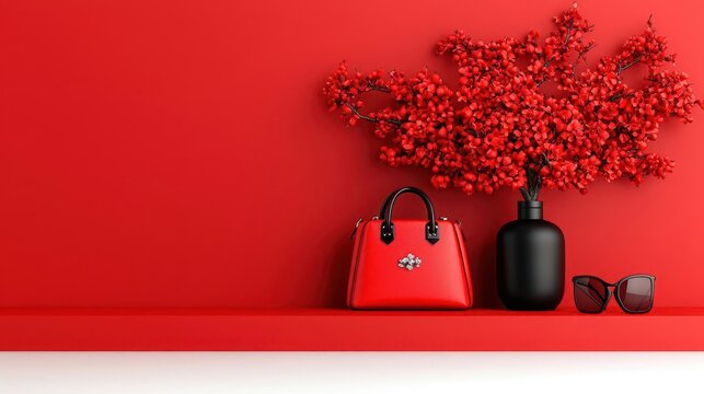 A vibrant display of red bags and accessories neatly organized on a bright red shelf in a minimalistic room