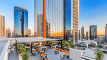 Rooftop terrace with modern outdoor furniture and lush plants, offering a relaxing city view at sunset