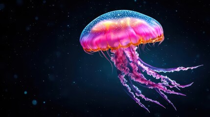 Fototapeta premium A vibrant jellyfish floating gracefully against a pitch-black background