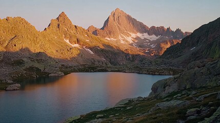 A mountain lake reflects the golden hues of the setting sun, casting long shadows across the water and surrounding peaks.