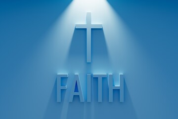 Faith 3d text banner. Religion concept. Glowing cross , rays of light from above, 3d letters blue background