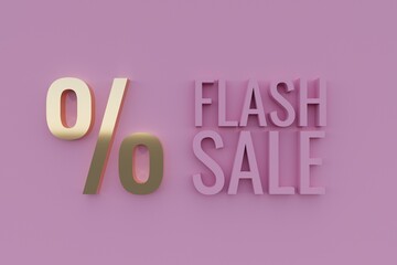 Flash sale 3d text banner. Pink background, letters, gold percentage sign