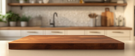 Wooden Cutting Board on Modern Kitchen Counter with Blurred Interior Background