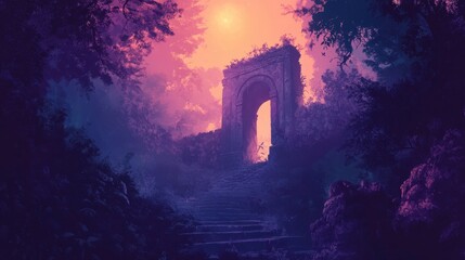 Stone Archway and Steps Leading Through a Purple Forest
