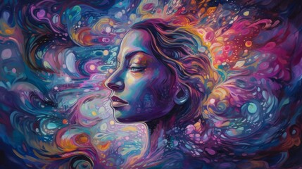 A vibrant, abstract portrayal of a woman's profile amidst colorful swirls.