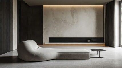 Modern minimalist living room with sleek furniture and neutral colors.