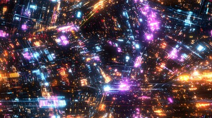 Obraz premium Vibrant neon light matrix: futuristic digital landscape with dynamic energy patterns