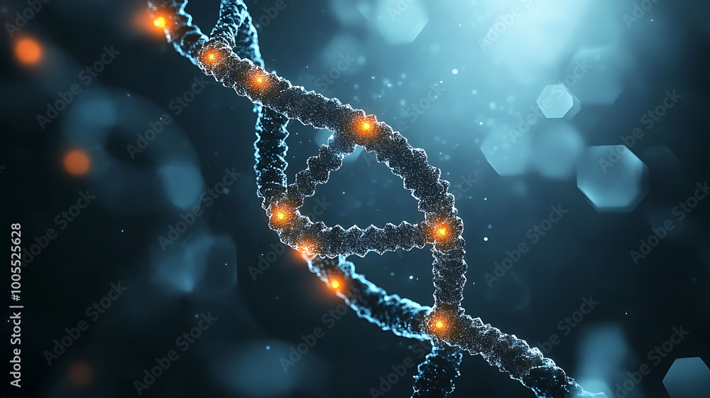 Poster 3d rendered image of a dna helix with glowing points, representing genetic code.