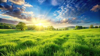 Photorealistic summer background of green meadow under bright sunlight