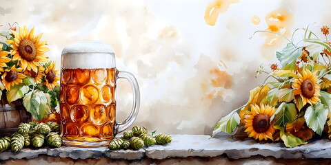 Frame background for Oktoberfest celebration with isolated on white background. Watercolor illustration for design banner, poster, menu for traditional german beer festival