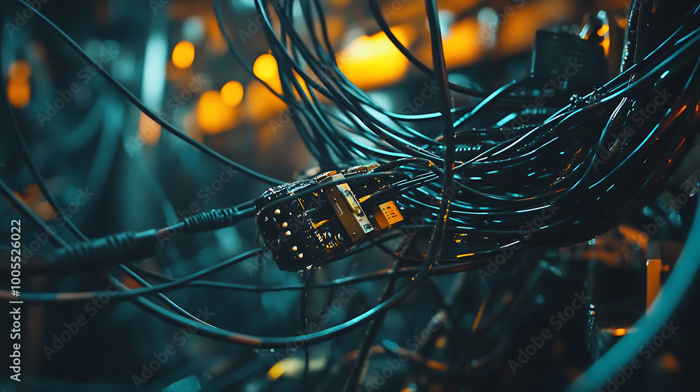 Aufkleber close-up of a complex network of black cables and wires in a technological setting.