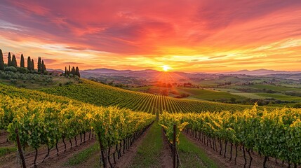 Fototapeta premium A breathtaking sunset over a picturesque vineyard, showcasing lush grapes and rolling hills under a vibrant sky.