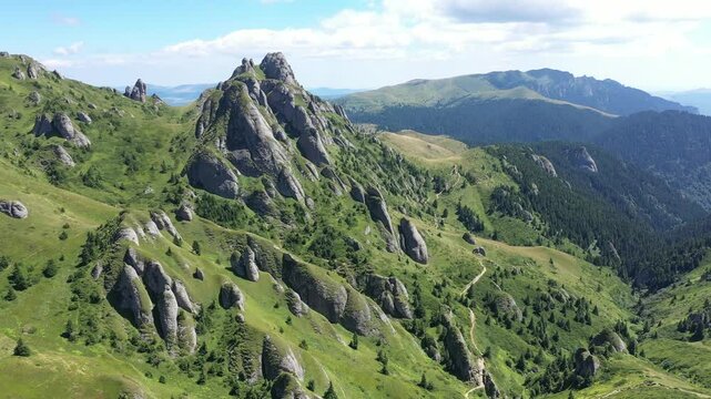 Aerial view of rocky alpine landscape in Carpathian mountains, Romania