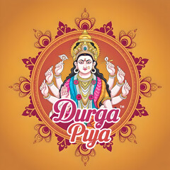 A colorful and ornate illustration depicting the Hindu goddess Durga. The central figure is the goddess Durga, with multiple arms and a serene expression. She is surrounded by a decorative border with
