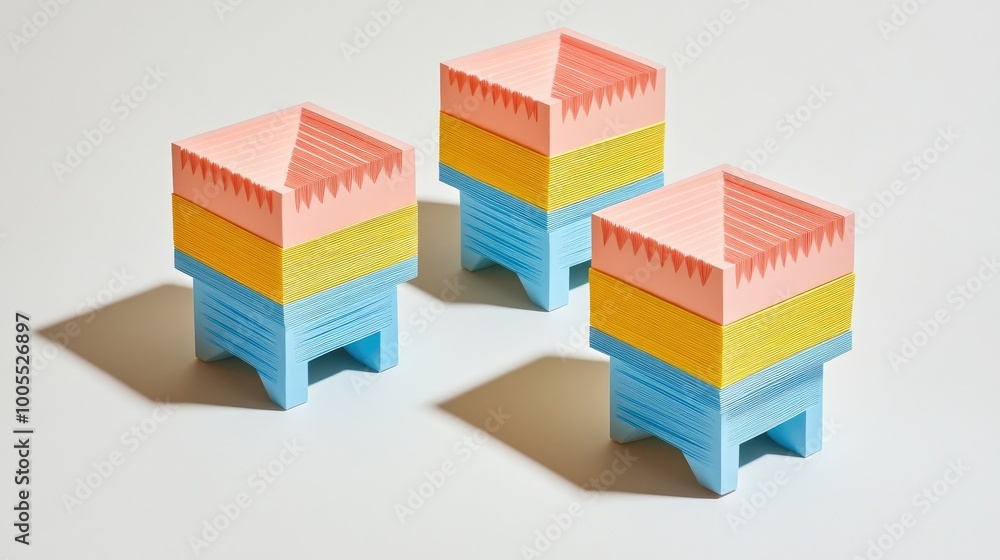 Poster stack of colorful origami paper, neatly arranged in a gradient pattern on a neutral background