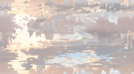 Surreal sky landscape with floating buildings at sunset
