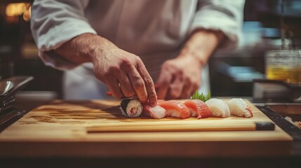 A chef skillfully prepares sushi on a wooden board, showcasing fresh ingredients and expert techniques in a vibrant kitchen setting.