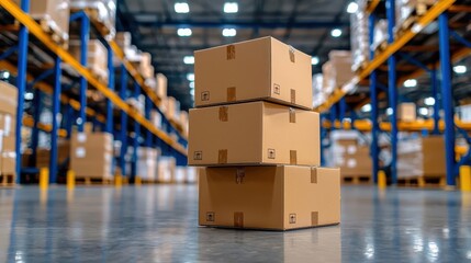 Stacked cardboard boxes in a warehouse ready for shipping