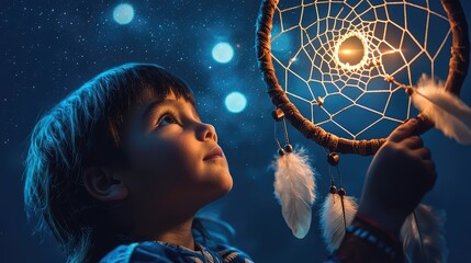 A child gazes at a glowing dreamcatcher under a starry sky, symbolizing hope, dreams, and imagination in a magical night.
