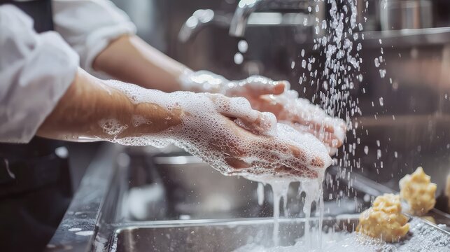 A chef washing hands with soap and water, emphasizing hygiene in the kitchen environment for food safety.