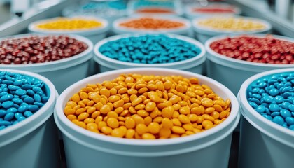 Vibrant colored candies in white containers, showcasing a variety of flavors and textures.