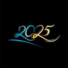 Neon golden and blue glow letters 2025. Vector glitter design element for holiday cards, Christmas or New Year party organizer headliner, banner, poster, web. Template for 2025 year