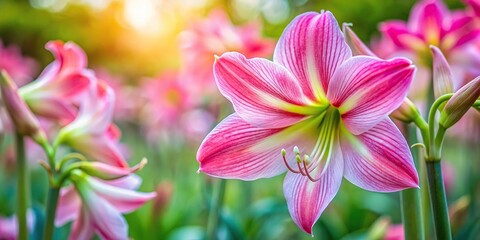 Pink Amaryllis flower blooming in garden with soft focus background