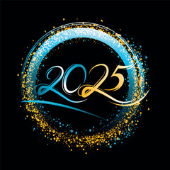 Neon circle frame with golden and blue glow. Vector glitter design element for holiday cards, Christmas or New Year party organizer headliner, banner, poster, web. Template for 2025 year