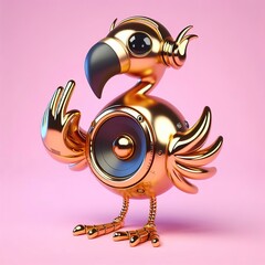 a cute and hip gold shinny metallic futuristic Flamingo character