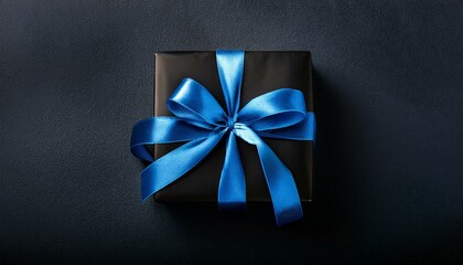 Black gift box with blue ribbon on dark background, black friday sale concept, top view