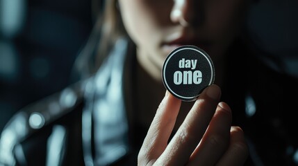 A close-up shot of a person holding a round badge that reads 'day one,' symbolizing new beginnings and fresh starts.