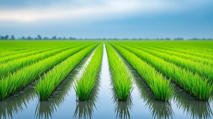 A close-up of bright green rice plants growing in neat rows in a flooded field, with water reflecting the sky and creating a peaceful atmosphere. 