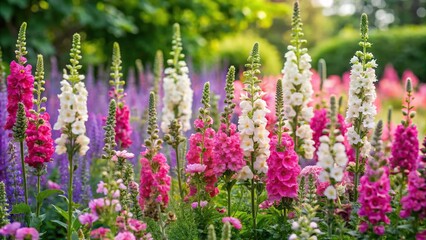 Fototapeta premium Pink and white verbascum flowers blooming in summer garden with roses and salvia