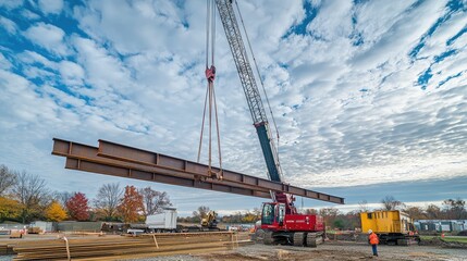 A construction site scene featuring a crane lifting steel beams against a cloudy sky. Ideal for industrial and engineering themes.
