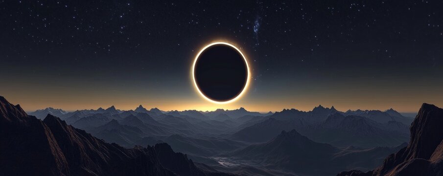 solar eclipse over mountain range at night, celestial event concept
