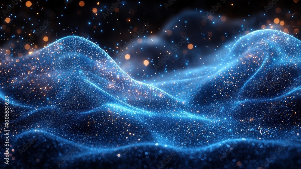Poster shimmering blue waves of particles create a mesmerizing visual effect in a dark background during ni