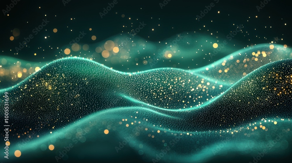 Poster textured waves of sparkling particles create a mesmerizing effect in a dark background, showcasing a