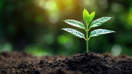 Fototapeta premium New green plant sprouting from rich soil, symbolizing growth and renewal.