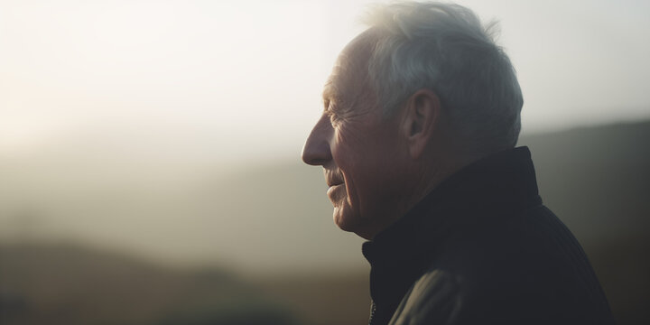 An elderly man with gray hair looks into the distance outdoors, in a serene and peaceful atmosphere at sunrise or sunset