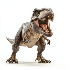 A roaring dinosaur standing in an aggressive pose against a white isolate background.