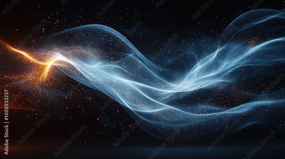 Poster dynamic swirl of blue and orange light particles creating a mesmerizing visual effect in a dark back