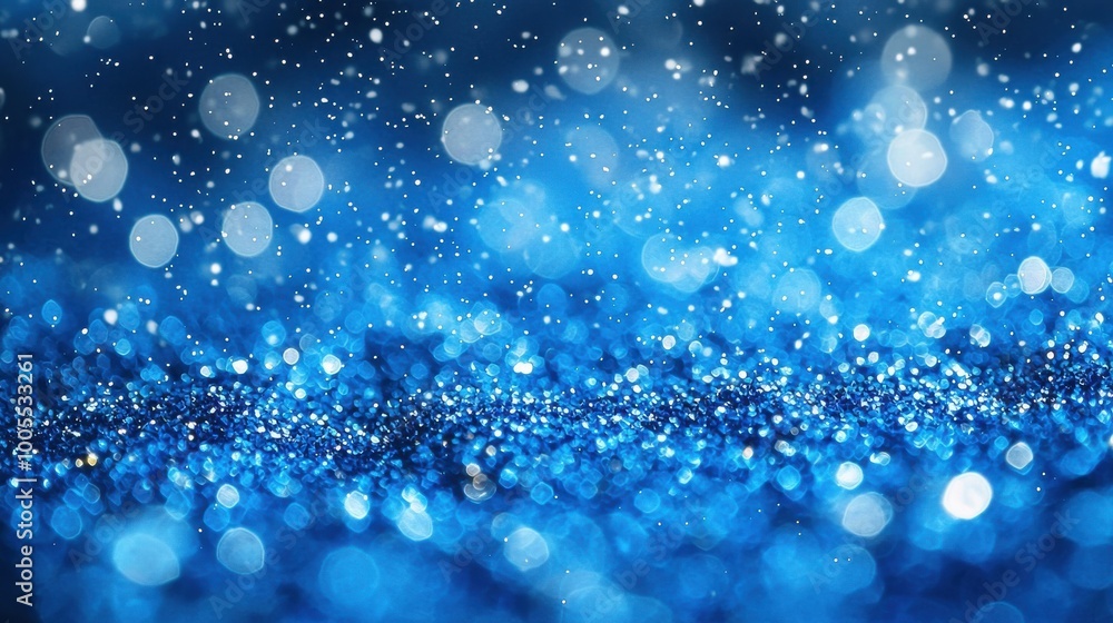 Poster a shimmering blue background with sparkling droplets reflecting light in a vibrant and dynamic displ