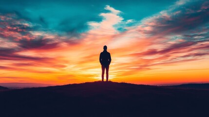 Silhouette of person standing on hill at vibrant sunset, peaceful contemplation concept